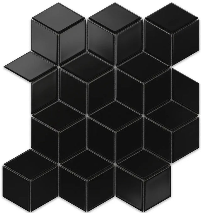 Ceramic mosaic on mesh for bathroom or kitchen 30.5 cm x 26.5 cm - Black geomegtric cubes