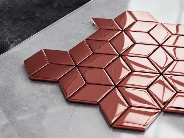 Glass mosaic on mesh for bathroom or kitchen 30.5 cm x 26.5 cm - Copper geometric cubes