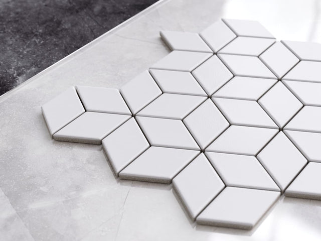 Ceramic mosaic on mesh for bathroom or kitchen 30.5 cm x 26.5 cm - White geometric cubes