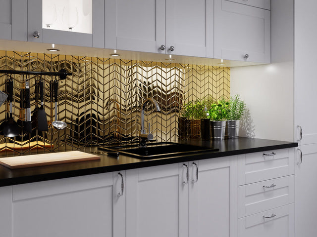 Mosaico de vidrio en red para baño o cocina 17.2 cm x 29.8 cm - Mini oro chevron