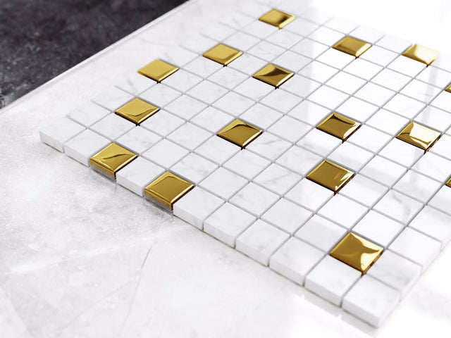 Natural stone mosaic with glass inserts, on mesh for bathroom or kitchen 30 cm x 30 cm - Gold Marble