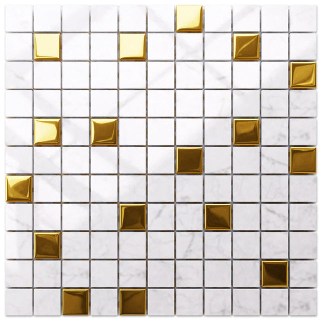 Natural stone mosaic with glass inserts, on mesh for bathroom or kitchen 30 cm x 30 cm - Gold Marble