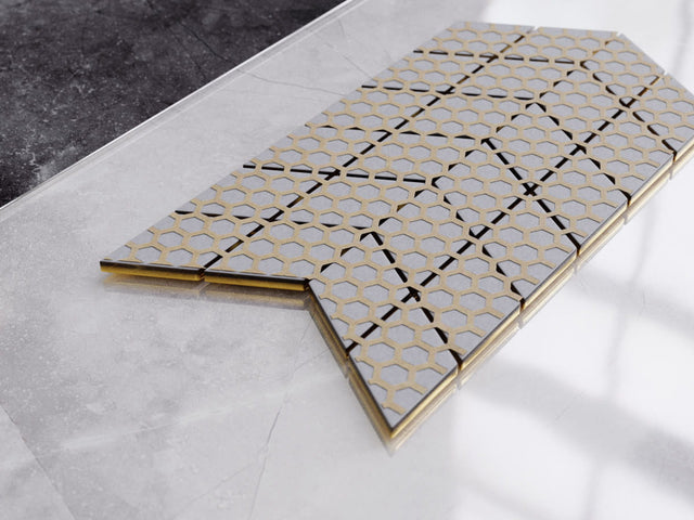 Mosaico de vidrio en red para baño o cocina 17.2 cm x 29.8 cm - Mini oro chevron