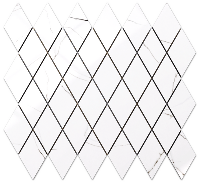 Mosaïque en grès sur filet pour salle de bain ou cuisine 29,2 cm x 25 cm - Marbre de Carrare en losange