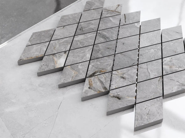 Mosaico de gres en red para baño o cocina 29.2 cm x 25 cm – mármol Carrara rombo