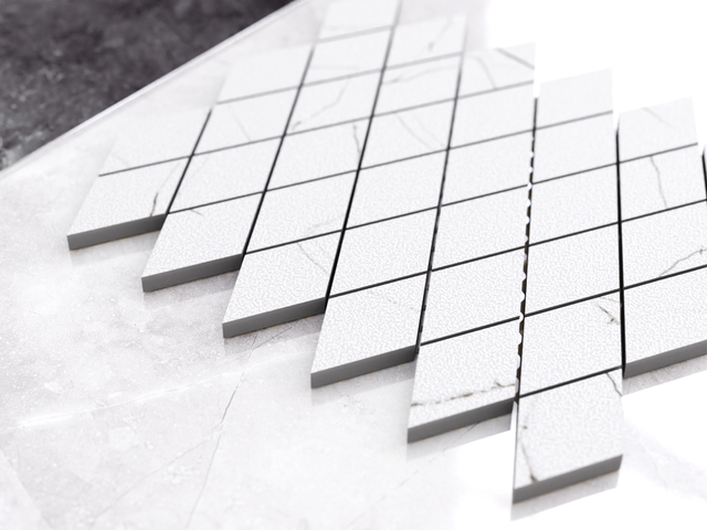 Porcelain stoneware mosaic on mesh for bathroom or kitchen 29.2 cm x 25 cm – Carrara sugar rhombus