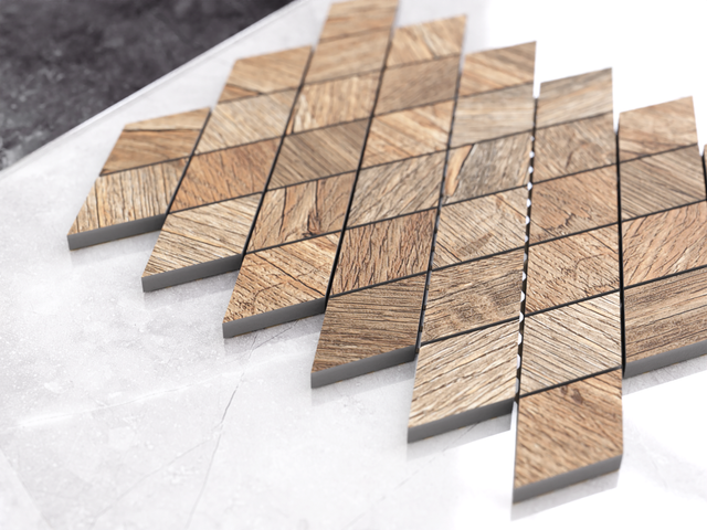 Mosaic in stoneware on mesh for bathroom or kitchen 29.2 cm x 25 cm - Wood rhombus