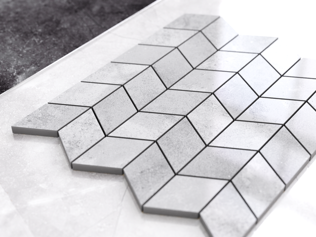 Porcelain mosaic on mesh for bathroom or kitchen 26.5 cm x 30.5 cm - Grey polished chevron