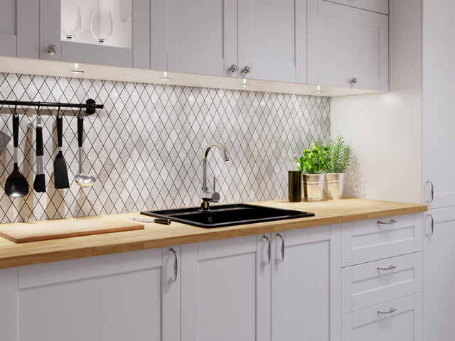 Mosaic in stoneware on mesh for bathroom or kitchen 29.2 cm x 25 cm - Broken rhombus