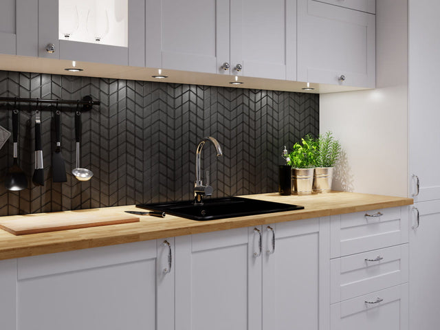 Glass mosaic on mesh for bathroom or kitchen 17.2 cm x 29.8 cm - Mini soft black chevron