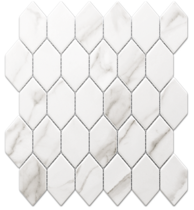 Mosaïque en verre hexagonale sur filet pour salle de bain ou cuisine 25 cm x 25,6 cm - Elegant white statuary