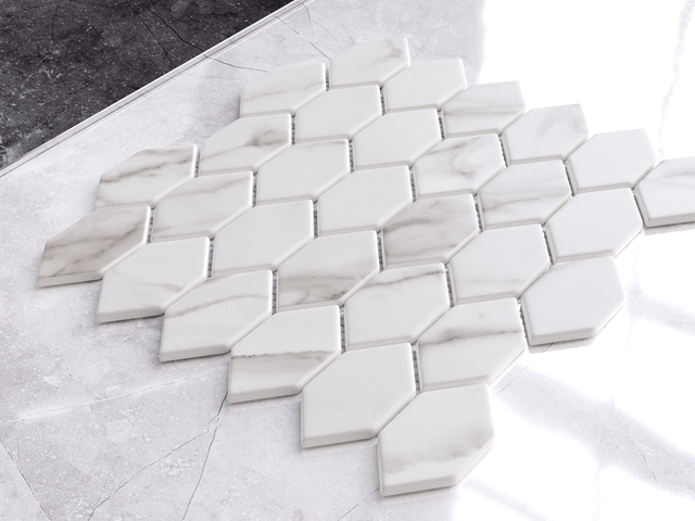 Hexagonal glass mosaic on mesh for bathroom or kitchen 25 cm x 25.6 cm - Elegant white statuary