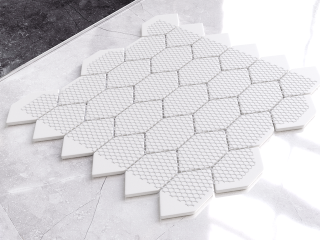 Hexagonal glass mosaic on mesh for bathroom or kitchen 25 cm x 25.6 cm - Elegant white statuary
