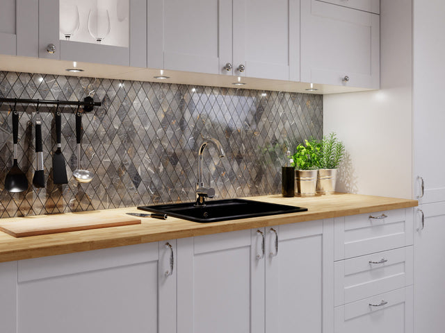 Porcelain stoneware mosaic on mesh for bathroom or kitchen 29.2 cm x 25 cm – Romb shinestone polished