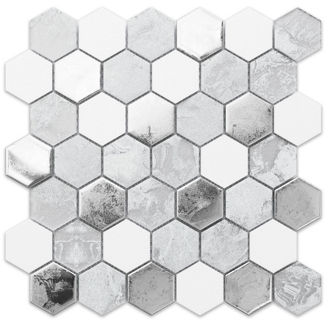 Mosaico in vetro esagonale su rete per bagno o cucina 30 cm x 30.3 cm - Grey lava