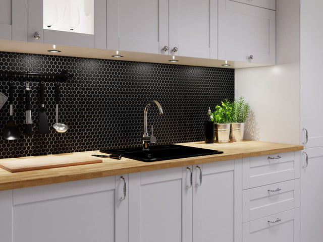 Mosaik aus Keramik auf Netz für Bad und Küche aus Keramik 30 cm x 26 cm - Mattschwarzes Bienenstockdesign