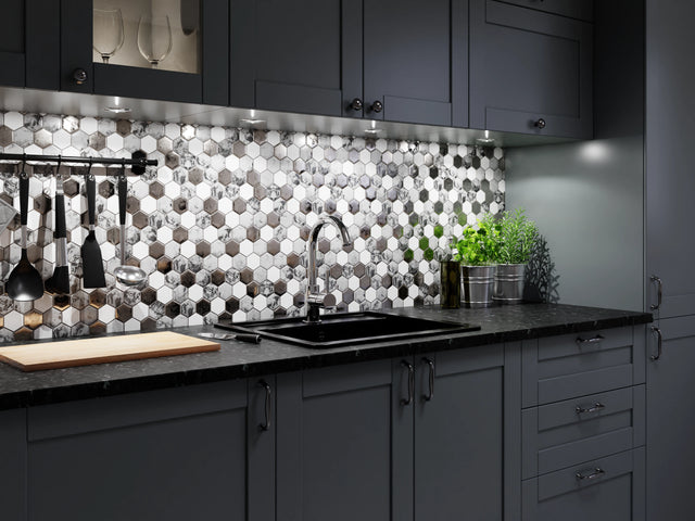 Mosaico in vetro esagonale su rete per bagno o cucina 30 cm x 30.3 cm - Grey lava