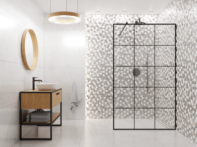 Mosaik aus sechseckigem Glas auf Netz für Bad oder Küche 30 cm x 30,3 cm - Weißer Lavastein