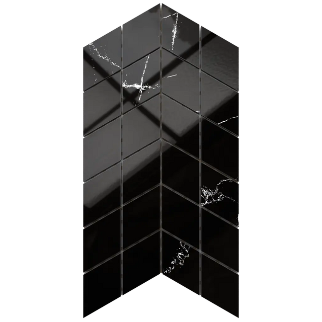 Mosaico in gres su rete per bagno o cucina 17.2 cm x 29.8 cm - Black veins mini chevron