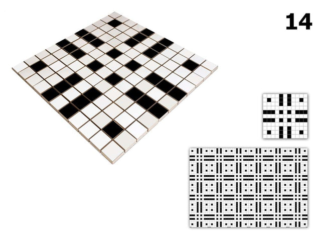 Mosaïque en céramique sur filet pour salle de bain ou cuisine 30 cm x 30 cm - Geometric 14 White black