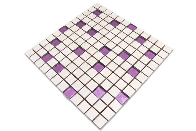 Ceramic mosaic with glass inserts on mesh for bathroom or kitchen 30 cm x 30 cm - White violet