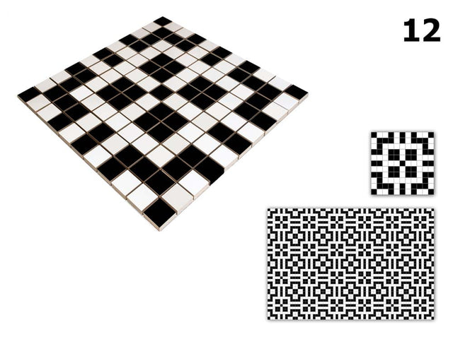Ceramic mosaic on mesh for bathroom or kitchen 30 cm x 30 cm - Geometric 12 White black
