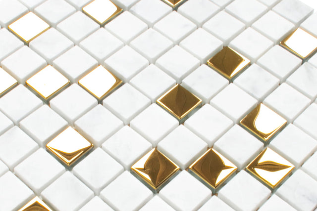 Mosaico de piedra natural con insertos de vidrio, en malla para baño o cocina 30 cm x 30 cm - Gold Marble