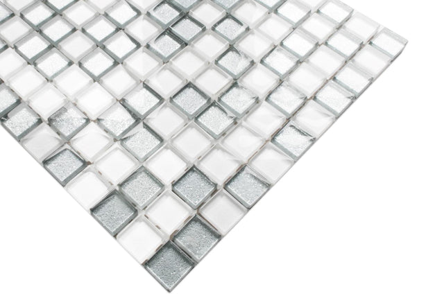 Mosaico de vidrio en malla para baño o cocina 30 cm x 30 cm - Blanco plata