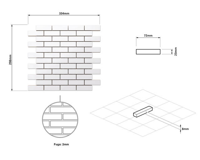 Ceramic mesh mosaic for bathroom or kitchen 30 cm x 30 cm - White brick