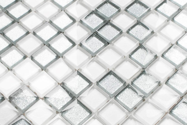 Mosaico de vidrio en malla para baño o cocina 30 cm x 30 cm - Blanco plata