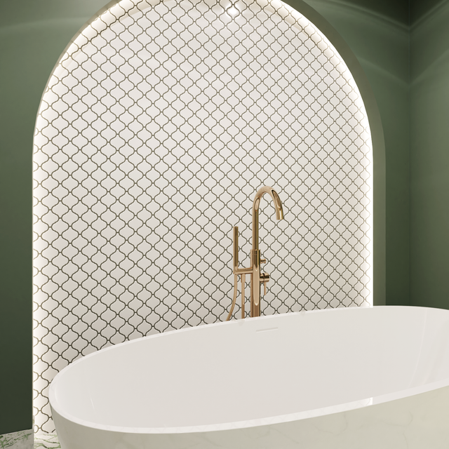 Ceramic mosaic on mesh for bathroom or kitchen 27.5 cm x 24.3 cm - White arabesque