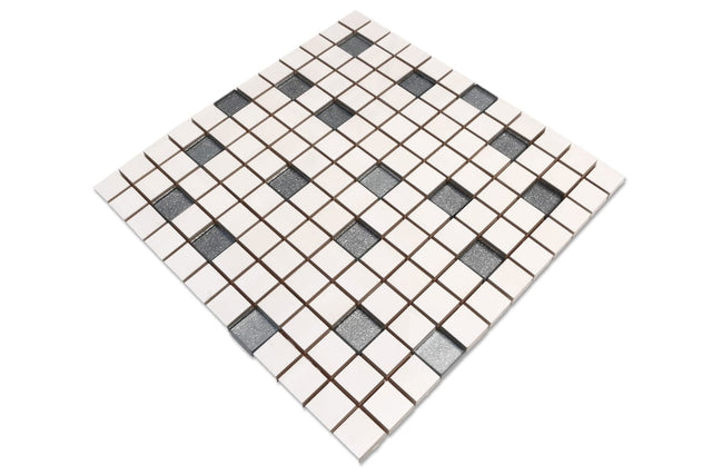 Mosaïque en céramique avec inserts en verre sur filet pour salle de bain ou cuisine 30 cm x 30 cm - Blanc gris Diamonds