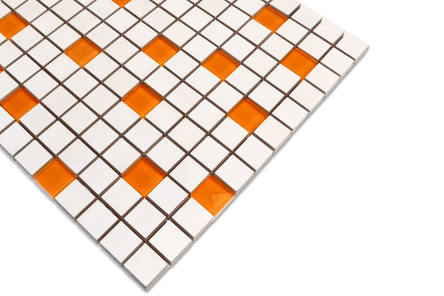 Mosaik aus Keramik mit Glasdetails auf Netz für Bad oder Küche 30 cm x 30 cm - Mandarin