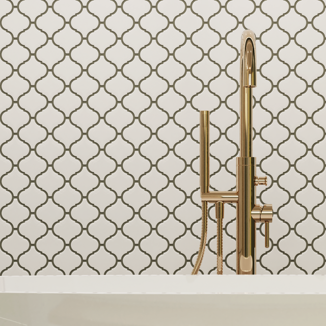 Ceramic mosaic on mesh for bathroom or kitchen 27.5 cm x 24.3 cm - White arabesque