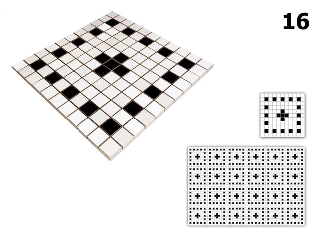 Ceramic mosaic on mesh for bathroom or kitchen 30 cm x 30 cm - Geometric 16 White black