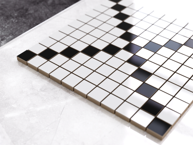 Mosaïque en céramique sur filet pour salle de bain ou cuisine 30 cm x 30 cm - Géométrique 1 Blanc noir