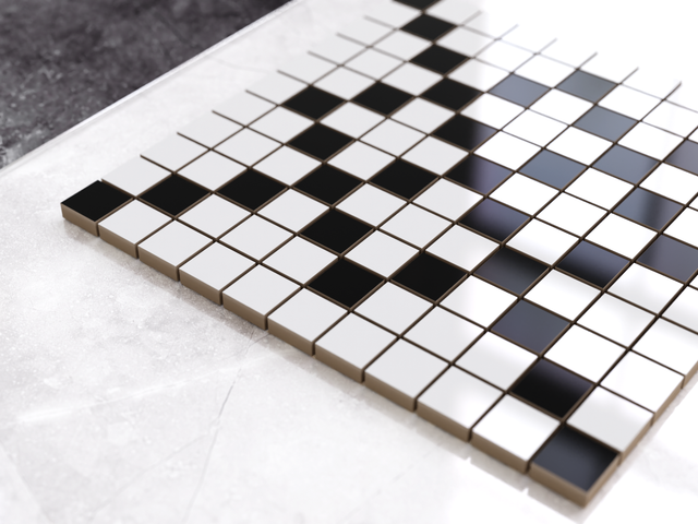 Mosaïque en céramique sur filet pour salle de bain ou cuisine 30 cm x 30 cm - Géométrique 3 Blanc noir