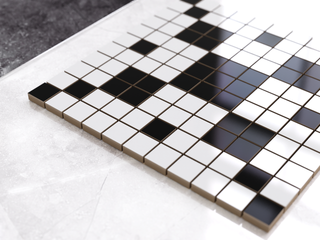 Mosaïque en céramique sur filet pour salle de bain ou cuisine 30 cm x 30 cm - Geometric 5 White black