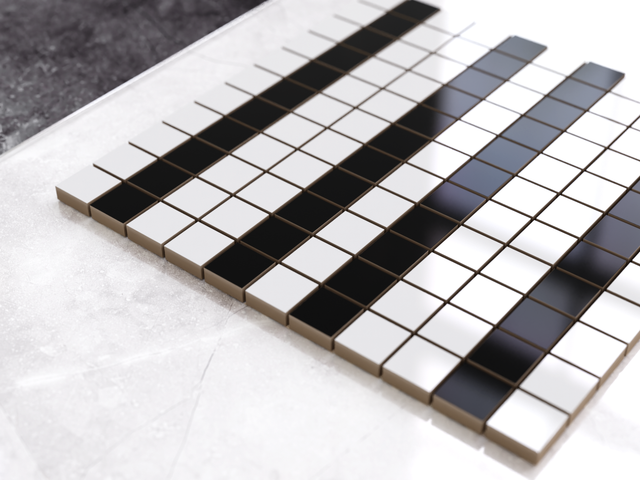 Mosaïque en céramique sur filet pour salle de bain ou cuisine 30 cm x 30 cm - Geometric 8 White black