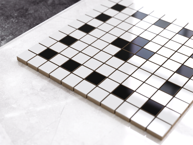 Mosaïque en céramique sur filet pour salle de bain ou cuisine 30 cm x 30 cm - Géométrique 16 Blanc noir