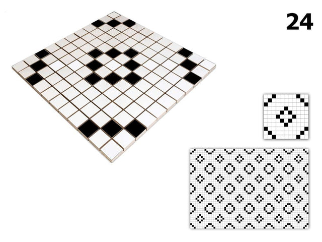 Mosaico de cerámica en malla para baño o cocina 30 cm x 30 cm - Geometric 24 White black