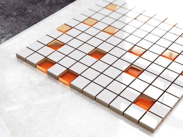 Mosaico in ceramica con inserti di vetro su rete per bagno o cucina 30 cm x 30 cm - White carrot