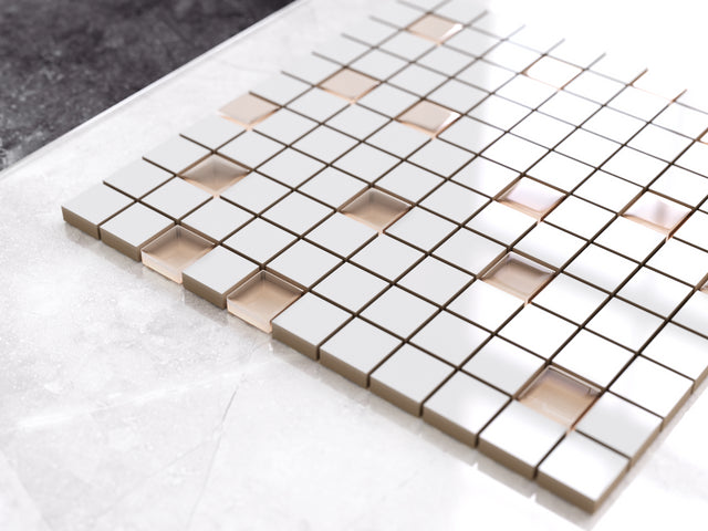 Mosaico in ceramica con inserti di vetro su rete per bagno o cucina 30 cm x 30 cm - Ginseng