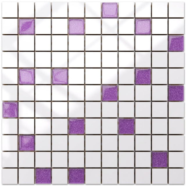 Mosaico in ceramica con inserti di vetro su rete per bagno o cucina 30 cm x 30 cm - White violet