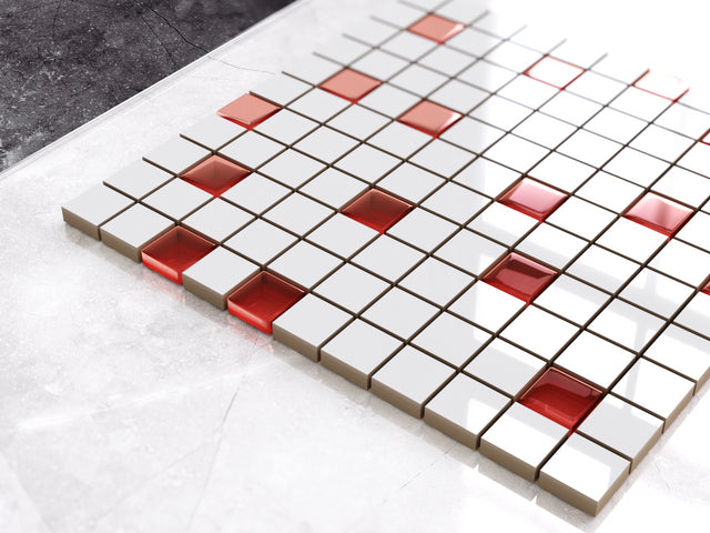 Ceramic mosaic with glass inserts on mesh for bathroom or kitchen 30 cm x 30 cm - White red