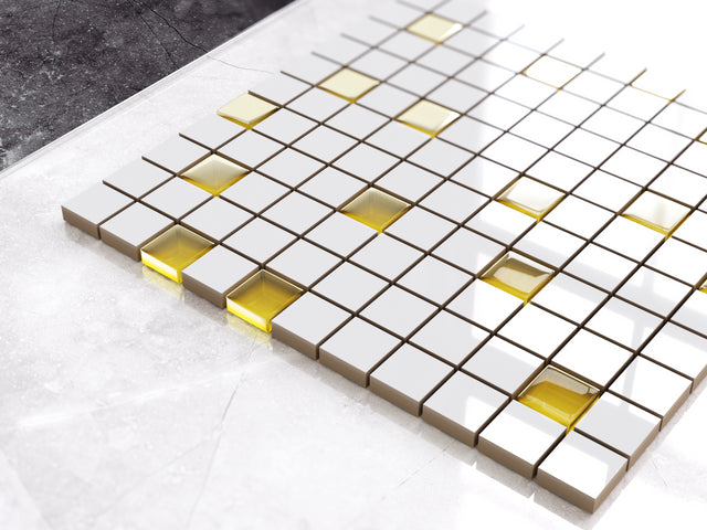 Mosaico in ceramica con inserti di vetro su rete per bagno o cucina 30 cm x 30 cm - Yellow mandarin