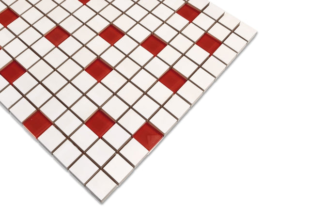 Ceramic mosaic with glass inserts on mesh for bathroom or kitchen 30 cm x 30 cm - White red