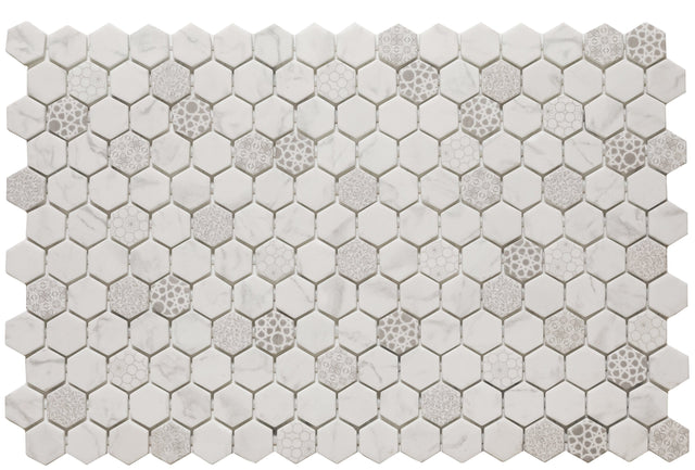 Mosaïque en verre pressé sur filet pour salle de bain et cuisine 52 cm x 34 cm - Hexa calacatta