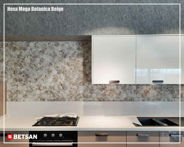 Mosaico de vidrio prensado en red para baño y cocina 43.5 cm x 34.5 cm - Botanic beige garden Mate