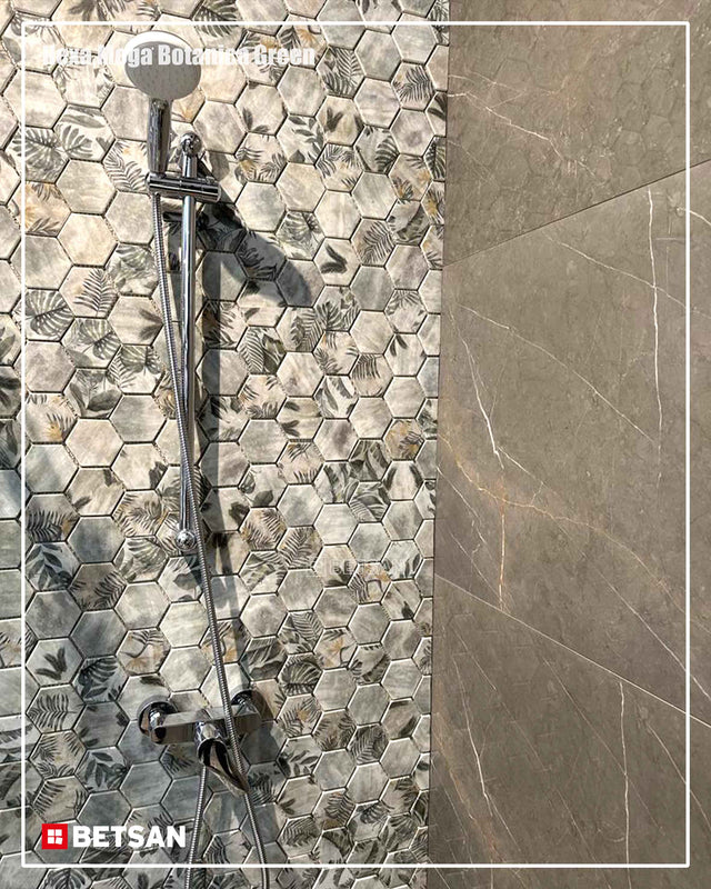 Mosaico de vidrio prensado en red para baño y cocina 43.5 cm x 34.5 cm - Jardín Botánico verde mate